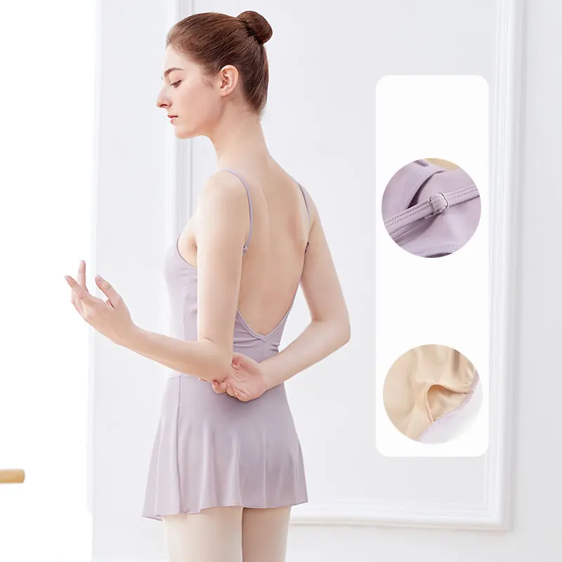 Women Ballet Dress Dancing Bodysuit Adjustable Strap Gymnastics Leotard Ballerina Nylon Mesh Splice Camisole Leotard Dress