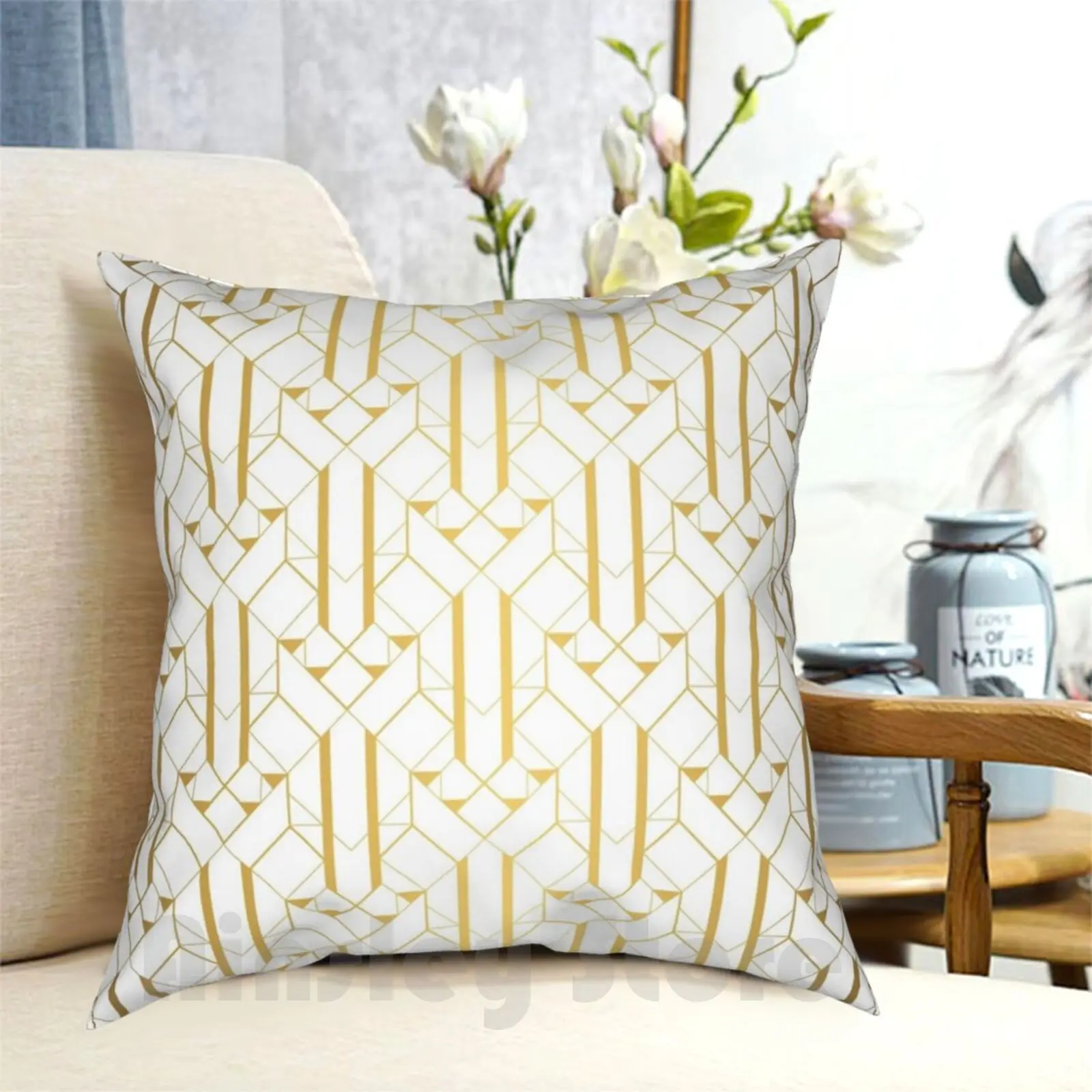 White And Gold Vintage Art Deco Geometric Repeat Pattern Pillow Case Printed Home Soft Throw Pillow White Gold Vintage