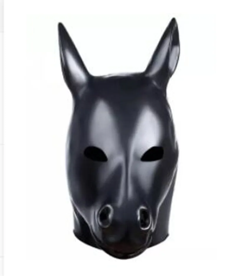 Latex Horse Hood Mask Adult Fetish Bondage Hood Rubber Horse Masks with Hairs with Zipper Closure