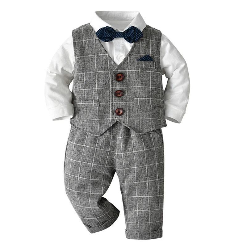 Baby Boys Clothes Sets Kids Toddler Boys Long Sleeve Bow Tie Gentleman Suit Wedding Birthday Party Dress Baby Formal Clothing