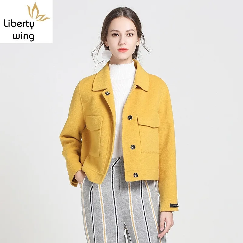 

Top Brand Double-faced Wool Short Coats Women Fall Winter Elegant Solid Yellow Slim Long Sleeve Jacket Outwear Femme S-L