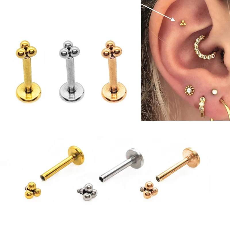 1pc Stainlesss Steel Trinity Besd Internally Threaded Labret Piercing/ 16g Triangle Tragus Forward Helix Flat Back Bee Earring