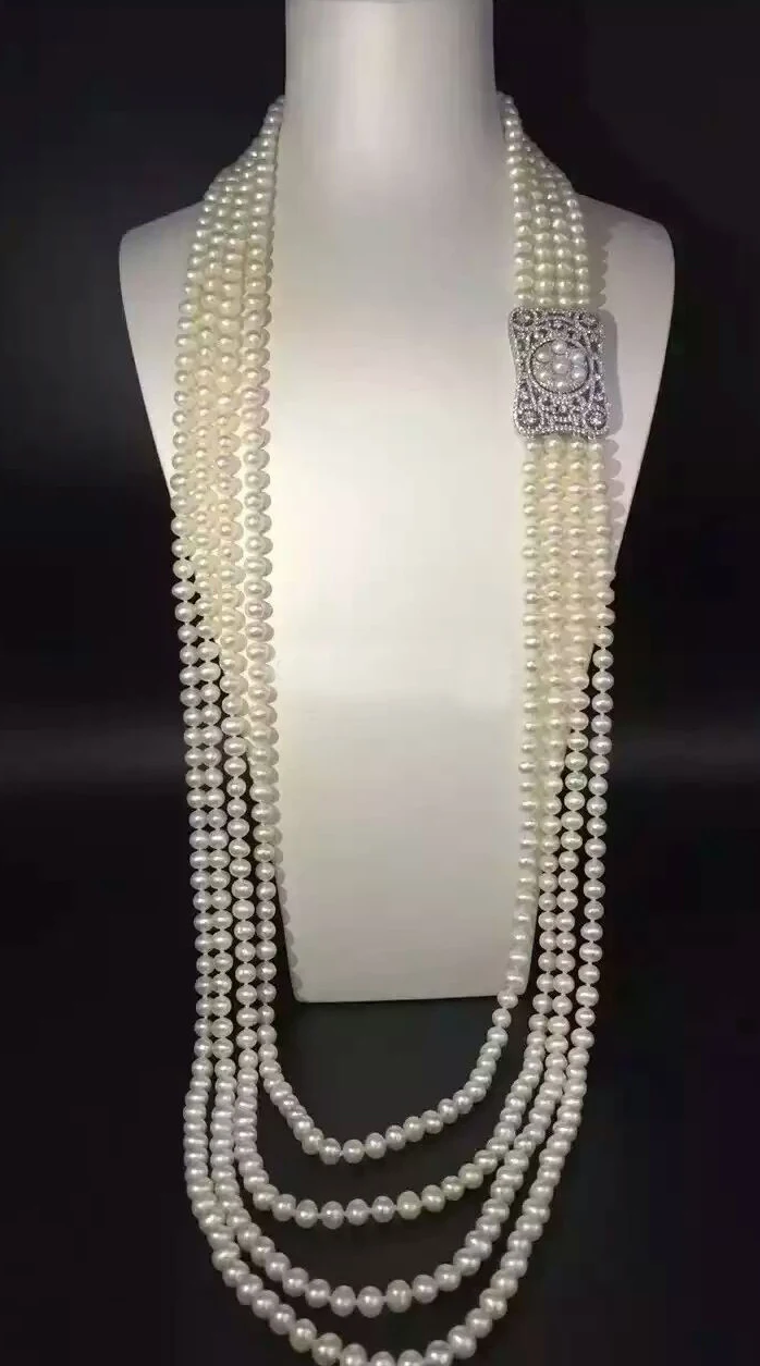 HABITOO 4 Rows Freshwater Pearl White Near Round Necklace 7-8mm 35-40inch  Jewelry Chains Necklace for Woman жемчужное ожерелье