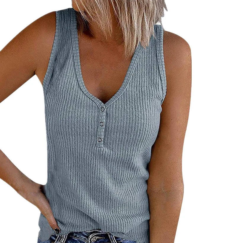 Summer Buttons Tank Top Women Camisole T-shirt Solid V-Neck Sleeveless Knitted Sexy Casual Plus Size Tee Shirt Femme T-shirts