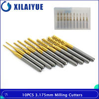 10PCS 3.175mm Titanium Coated Carbide Milling Cutter Set End Mill CNC Drill Bits PCB Engraving Woodworking Tool