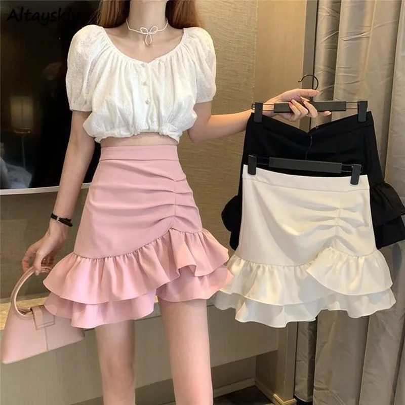 

Skirts Womens Solid Shirring Sweet Mini Trumpet High Waist Designers Tender Korean Style Summer Sexy All-match Leisure Female