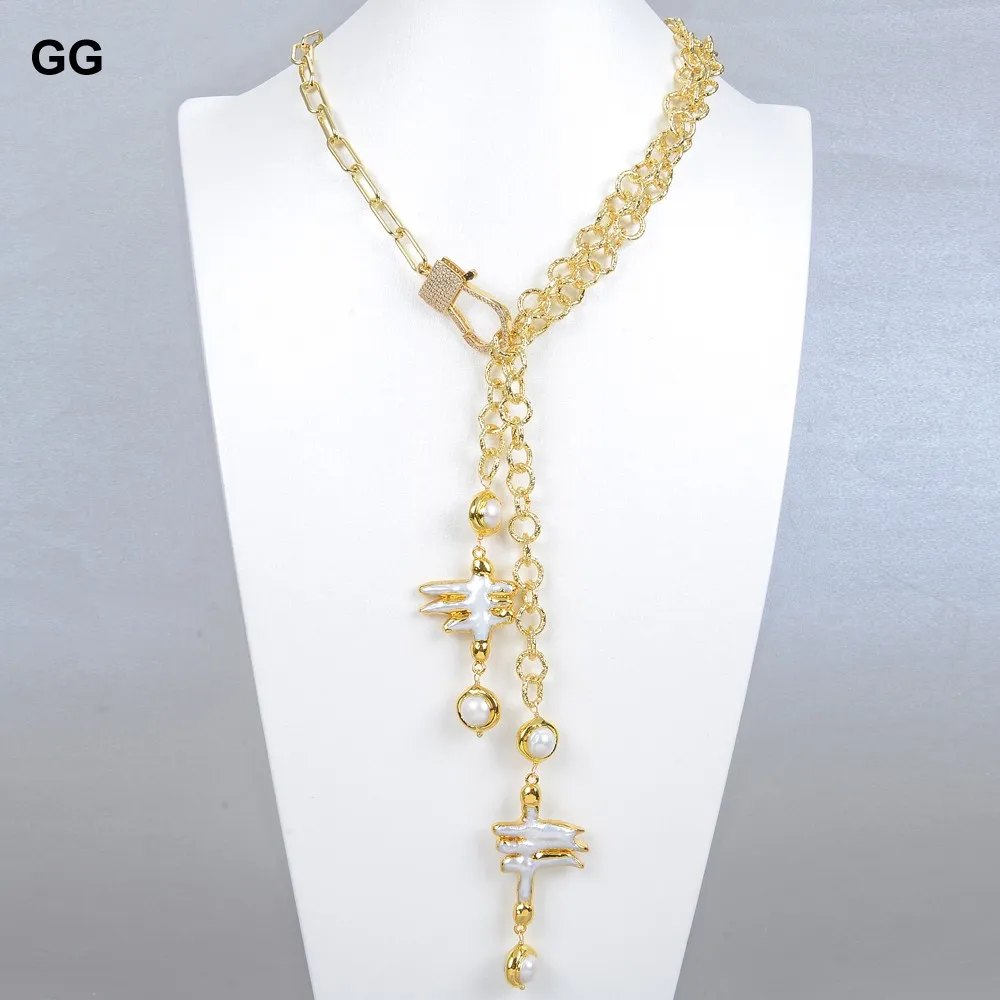 

GG Natural Freshwater White Freeform Keshi Pearl Gold Plated Lariat Chain Necklace For Women