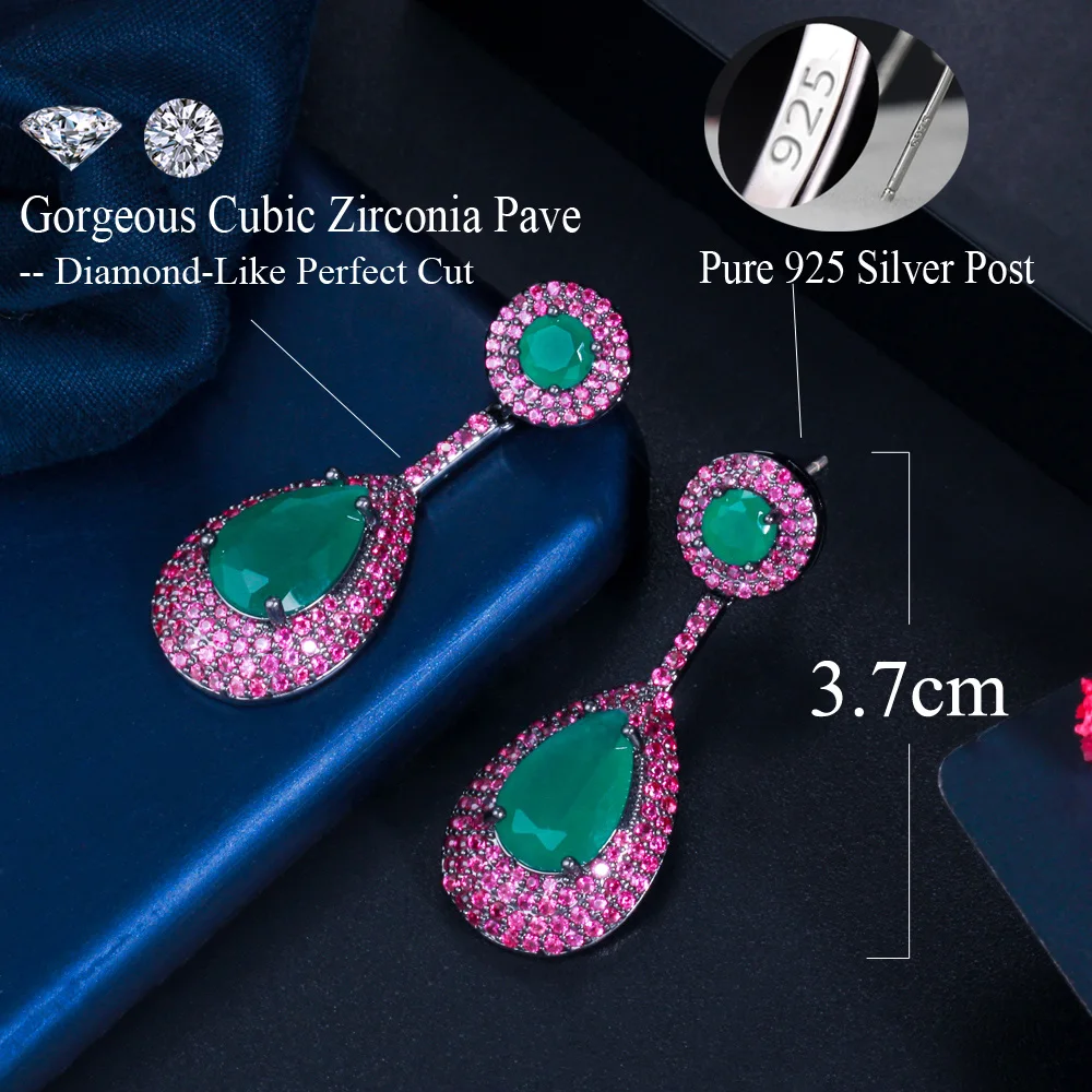 CWWZircons Elegant Micro Pave Hot Pink Cubic Zirconia Green Dangle Water Drop Engagement Party Earrings for Women Jewelry CZ868