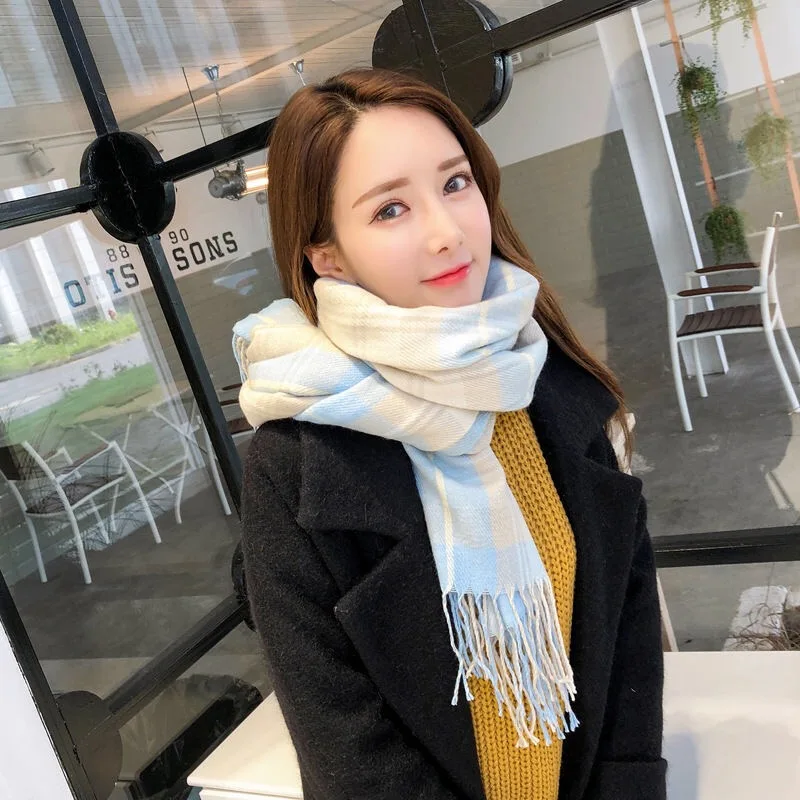 Plaid scarf autumn winter new style imitation cashmere lady Japanese small fresh girl long thickened scarf Korean version