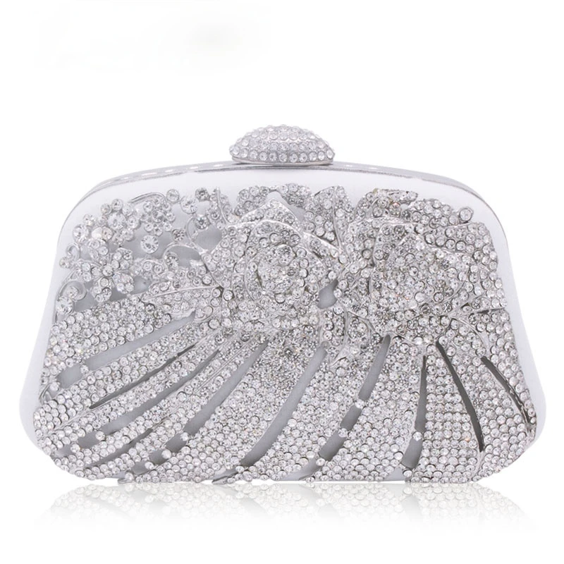 

Metallic Silver Hollow Out Crystal Floral Women Evening Clutch Bag Bridal Wedding Rhinestones Knucklebox Purse Handbag