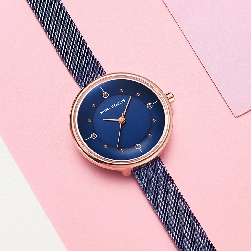 MINI FOUCS-montre à Quartz pour femmes, montre élégante, bracelet de luxe en maille, marque supérieure, étanche, bleu, 0274