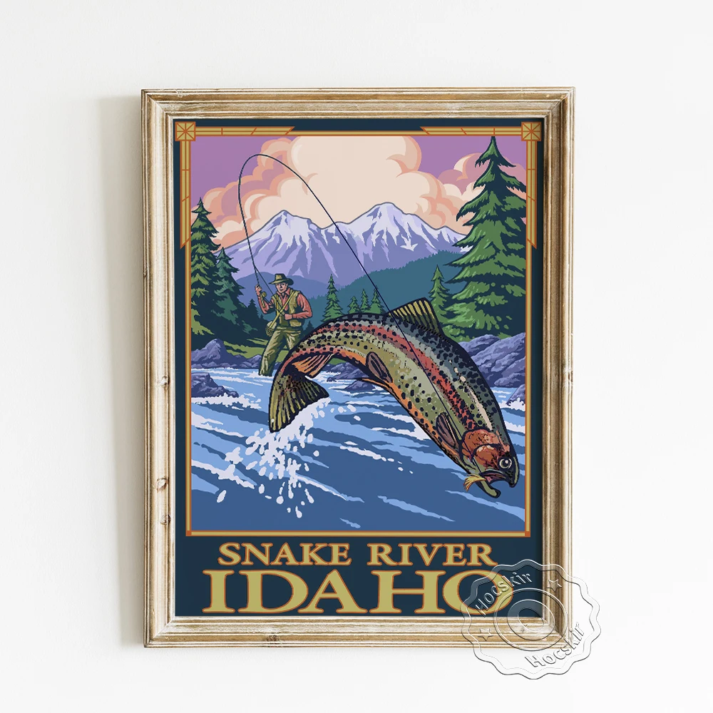 Idaho Travel City Advertising Poster, Snake River Scenery Canvas Painting, Fly Fishing Cultural Landscape Home Decor Picture