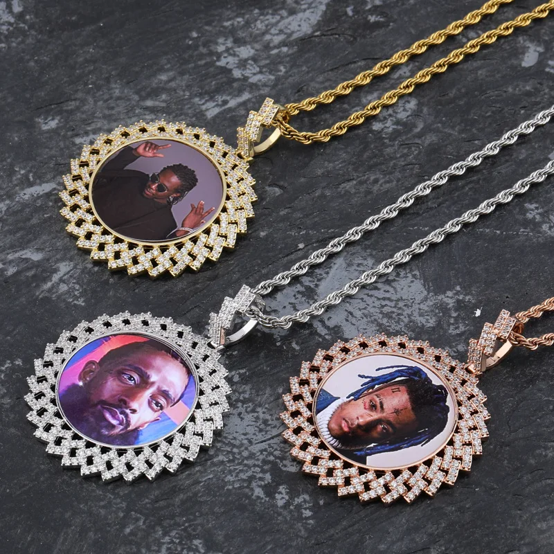 AZ Hip Hop Round Custom Photo Necklace for Men Bling Iced Out Zircon Stone DIY Pendants For Women Rapper’s Goth Jewelry