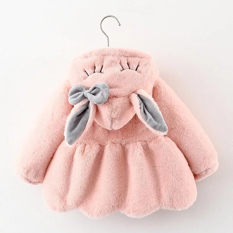 2021 Winter Plush Baby Girls Jacket Cute Rabbit Keeping Warm Hooded Outerwear For Kids 0-4 Years Christmas Present Children Coat