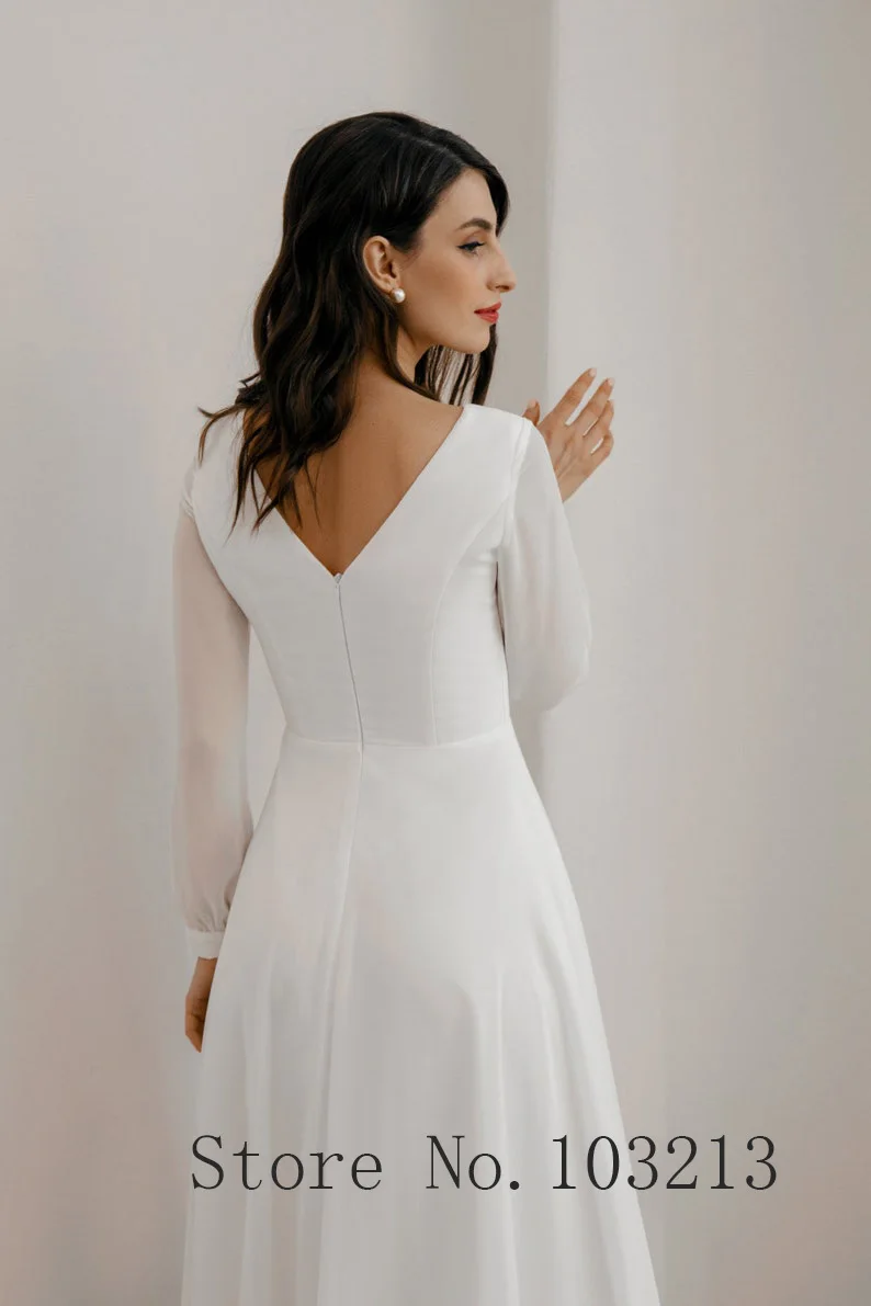 Simple Cheap White/Ivory Tea Length Chiffon Wedding Dresses Scoop Neckline  Full Sleeves Mother Of The Bride Dress - AliExpress 320