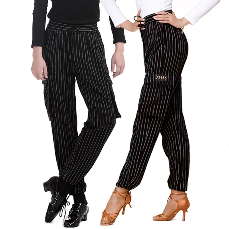 Latin Dance Pants Unisex Striped Pocket Trousers Modern Tango Rumba Samba Cha Cha Dancing Practice Clothes Women Men Wear DN4610