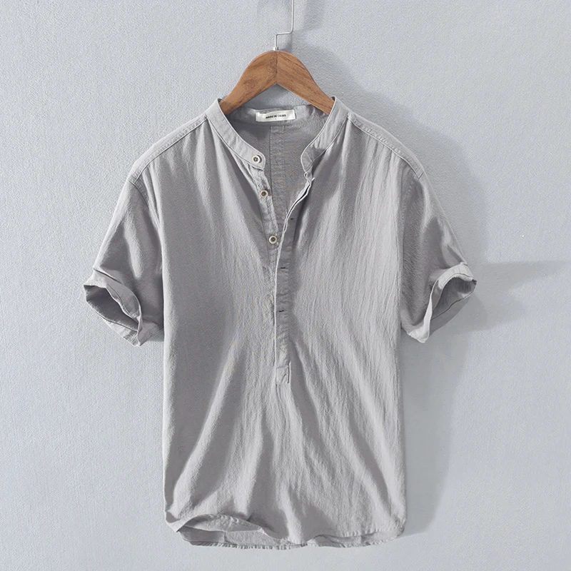 

Summer New Style Stand Collar Wrinkle Fabric Linen And Cotton Shirt Men Short-Sleeved Fashion Shirts For Men Camiseta