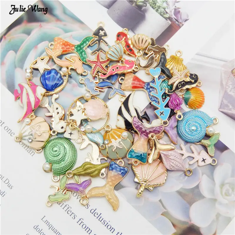 Julie Wang 20pcs Cute Alloy Enamel Animal Mermaid Charms Mixed Fish Conch Seashell Pendant Necklace Bracelet DIY Accessory