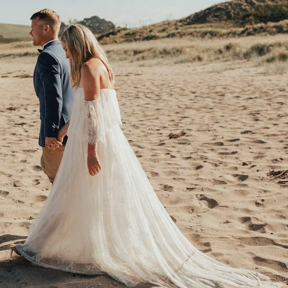 Gaun pernikahan tujuan pantai renda Boho bahu terbuka dua potong ukuran besar fotografi murah gaun pengantin wanita disesuaikan