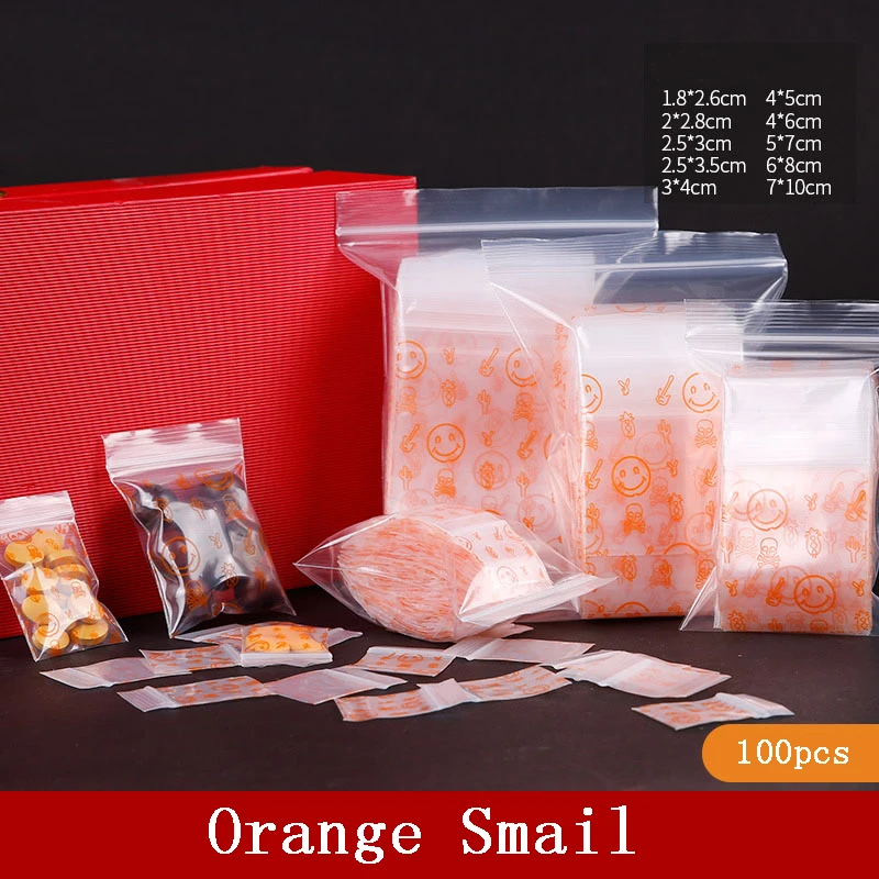 Orange Smiley Plastic Zipper Bag, Mini Zip Lock, Multi-size Ziplock Pill Packaging Pouches, Cute, 100Pcs