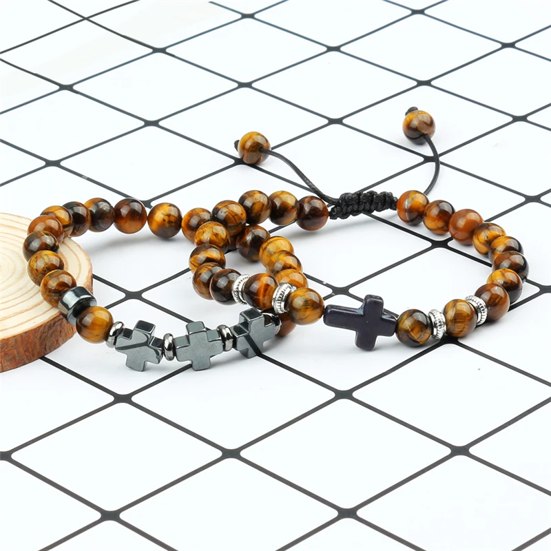 2Pcs/Set Couple Cross Bracelets 8mm Natural Lava Stone Bangles Handmade Braided Bracelet Fashion Jewelry Men Gifts Distance Yoga