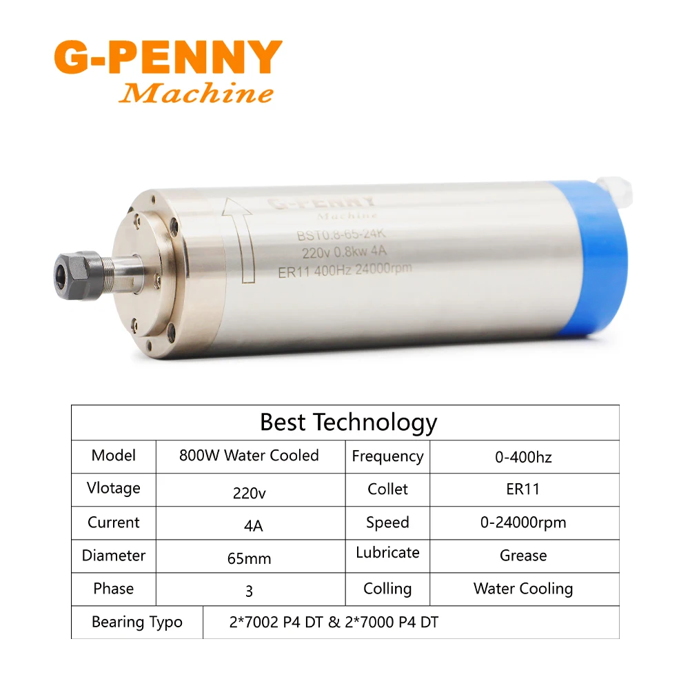 G-Penny 0.8KW ER11 Water Cooled Spindle Kit 800W Water Cooled Spindle / 1.5KW Inverter / 75W Water Pump / 65mm Bracket