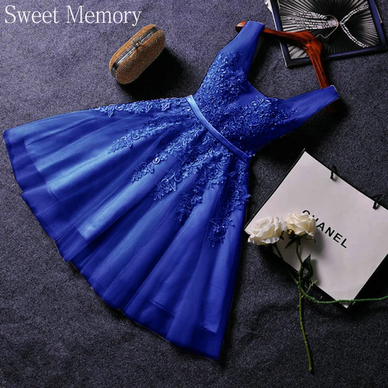 

Ship Elegant Pearl Pink Prom Dress Gold Appliques Beading Lace Up Knee-Length Graduation Party Gowns Blue Evening Dresses