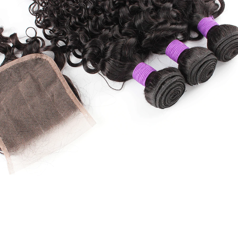 Natural Color Hair Bundles With Lace Closure Water Wave 200g/Set Brazilian Remy Human Hair Extention Free Part 4x4 Swiss Lace