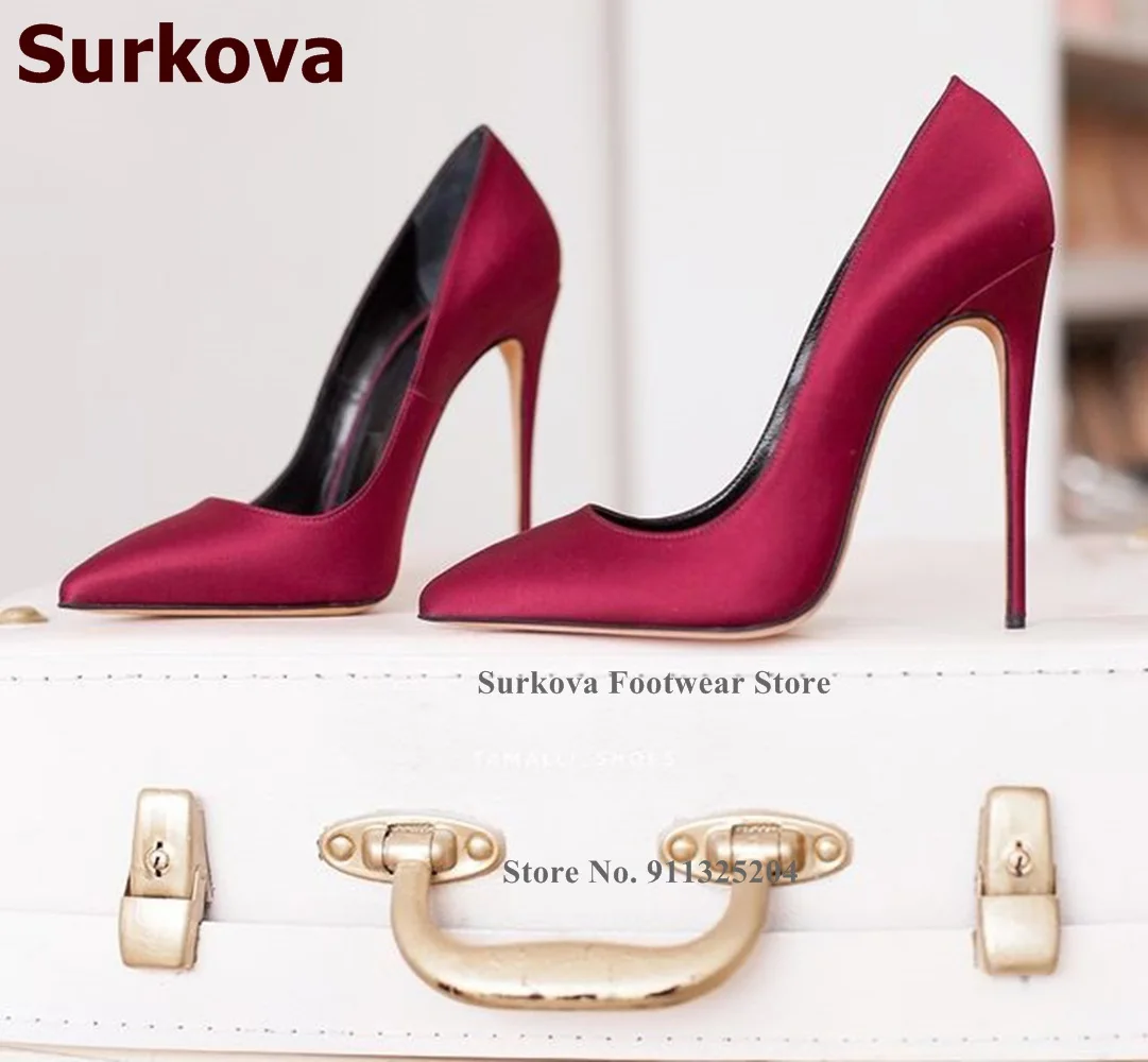 Surkova Sexy Satin Fabric 12cm High Heel Shoes Women Pointed Toe Slip-on Shallow Dress Pumps Silk Cloth Banquet Pumps Size45