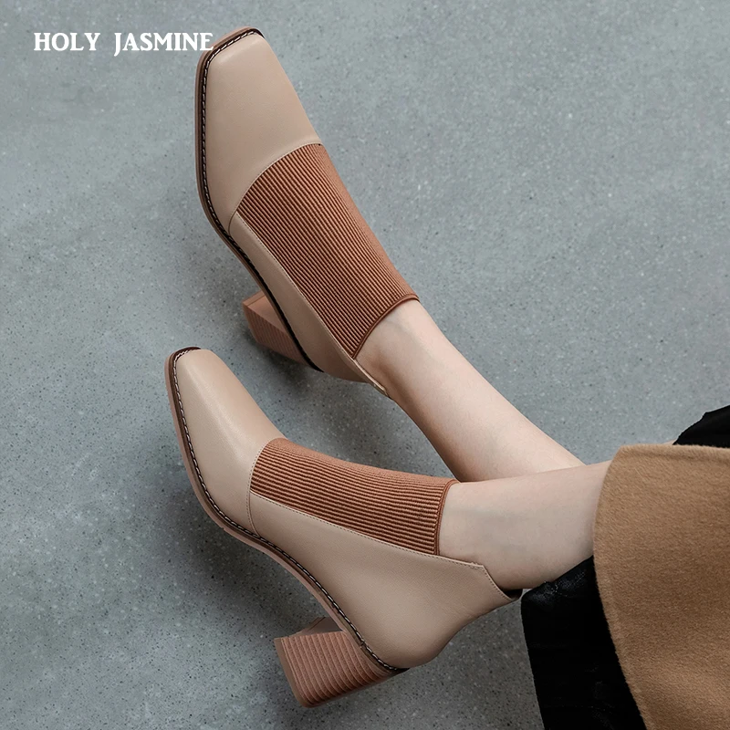 Fashion Comfortable Genuine Leather Women's Ankle Boots Elegant Square Toe Thick Heels Pumps Party Casual Shoes Woman 2020 New