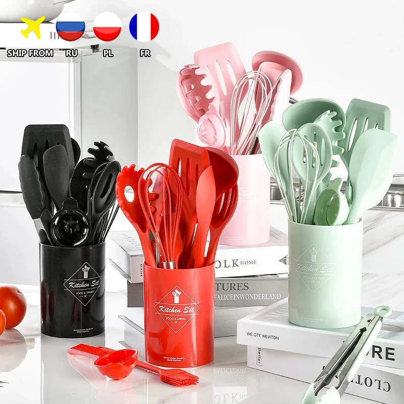 9/10/12PCS Silicone Kitchenware Non-stick Cookware Cooking Tool Spoon Spatula Ladle Egg Beaters Shovel Soup Kitchen Utensils Set