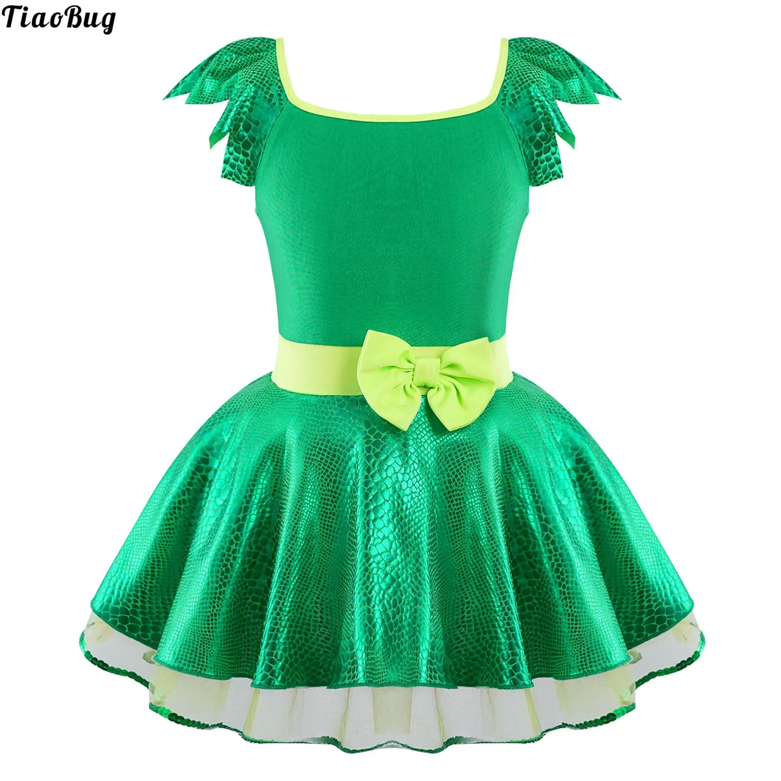 

Kids Girls Sleeveless Bowknot Sequins Adorned Mesh Tutu Green Dress Costumes For Halloween Christmas Cosplay Dance Performance