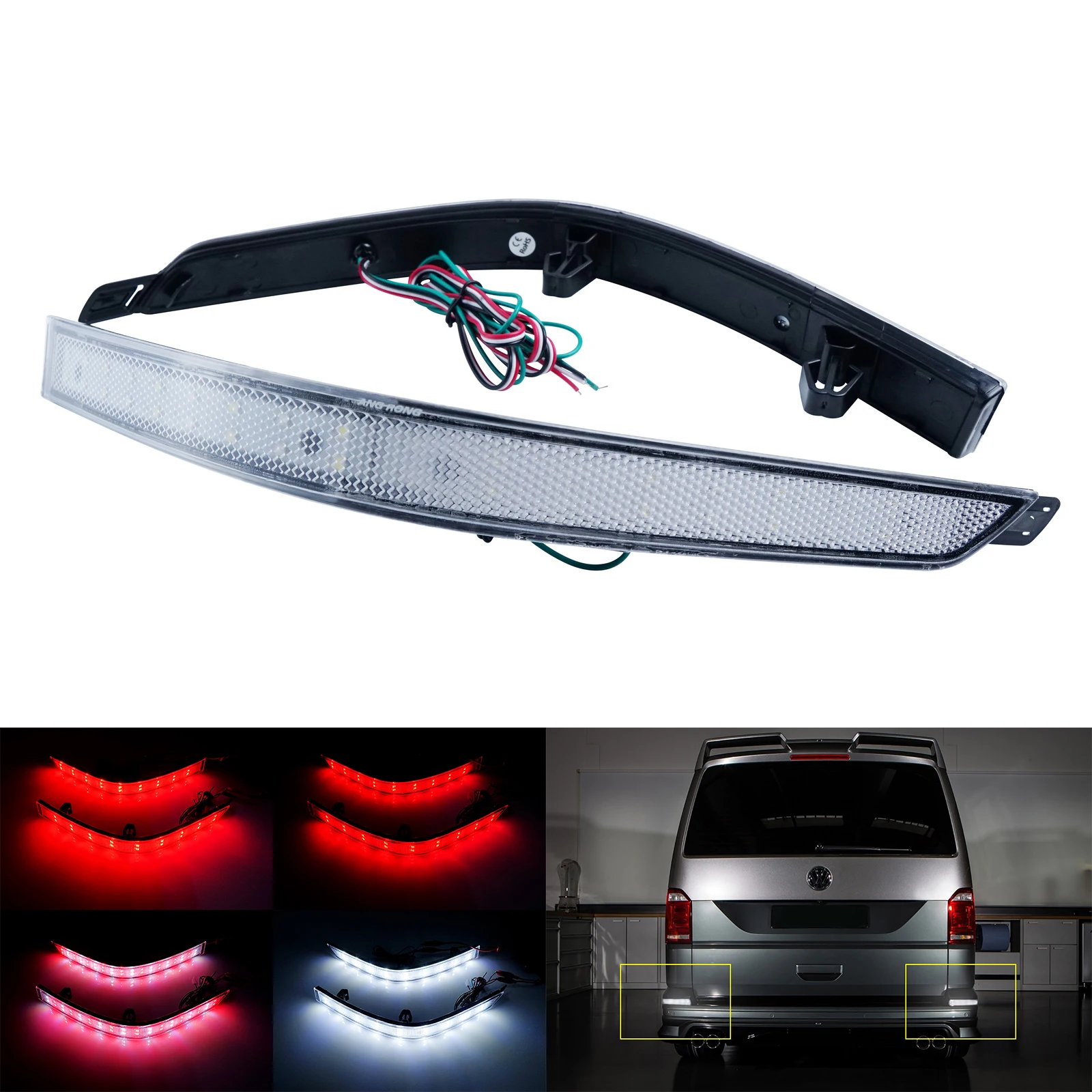 ANGRONG 2X LED Rear Bumper Reflector Light Clear Lens For VW Transporter T6 2015 Onwards