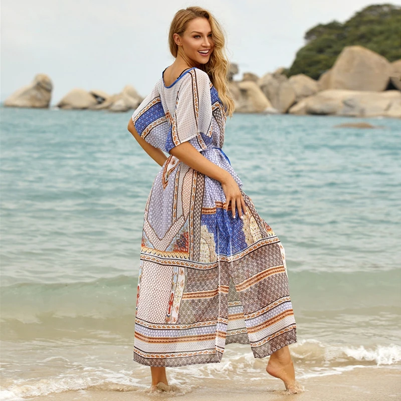 Emi Sheer Maxi sukienka Kaftan etniczny nadruk geometryczny pełnej długości Kaftan ubrania imprezowe plaża CoverUp luksusowe wakacje Resortwear Abaya