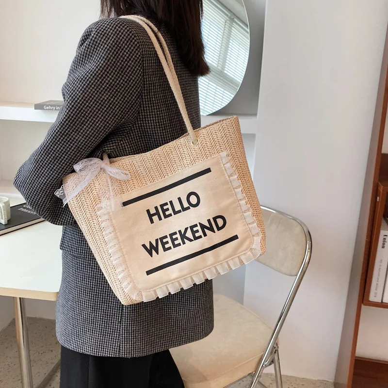 Elegant Women Summer Straw Bag Hand-Woven Underarm Bags Lace Bow Rattan Bag Large Capacity Casual Tote Bags Beach Travel Handbag