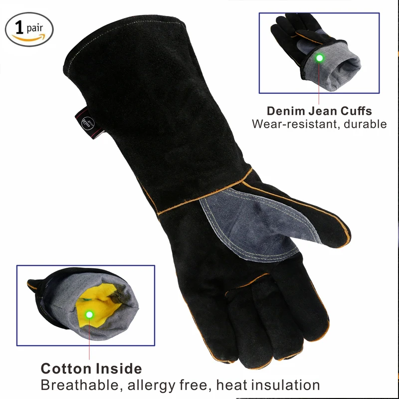 New Two-Layer Cowhide Long Black-Gray Welding/Barbecue/Stove/Firewood High Temperature Labor Insurance Work Gloves 2024