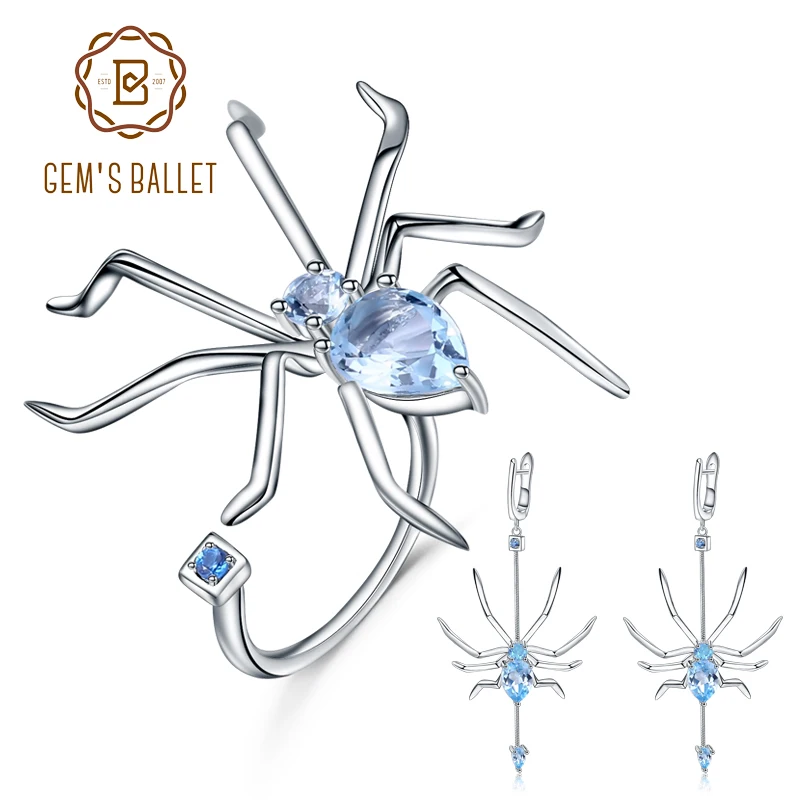 

GEM'S BALLET 8.83Ct Natural Sky Blue Topaz Gemstone Earrings Ring Sets 925 Sterling Silver Spider Jewelry Set For Women Kit