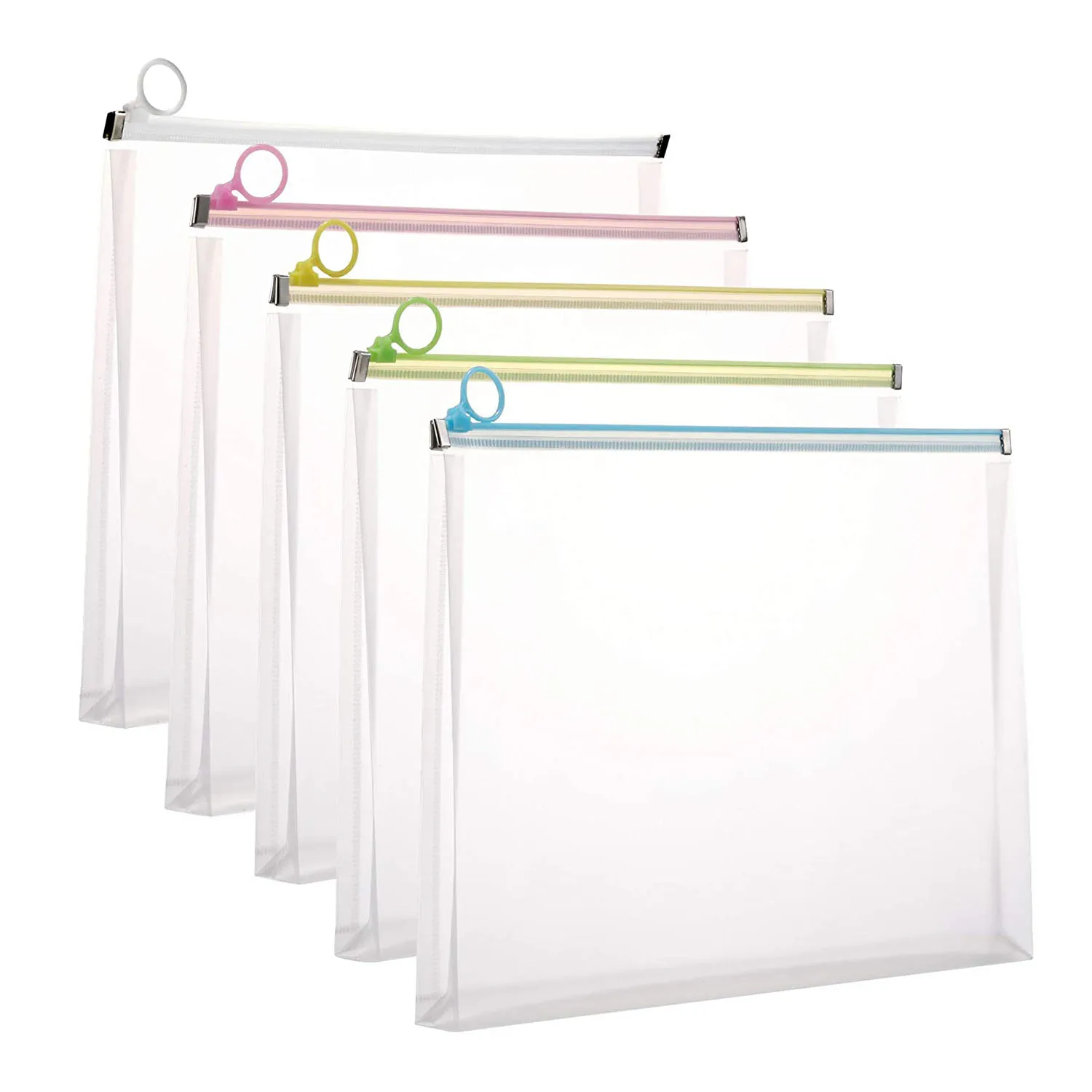 5Pack/Set A5 Clear Plastic Durable and Waterproof Zipper Envelopes File Folder Assorted Colors for Office Document, Worksheet