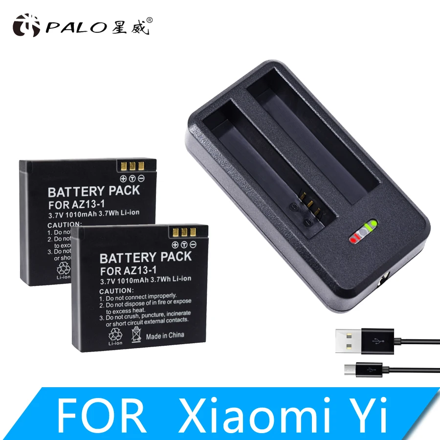 PALO 1010mAh AZ13-1 Battery with USB Battery Charger For Xiaomi Yi Action Camera Replacement Battery Rechargeable Backup Bateria