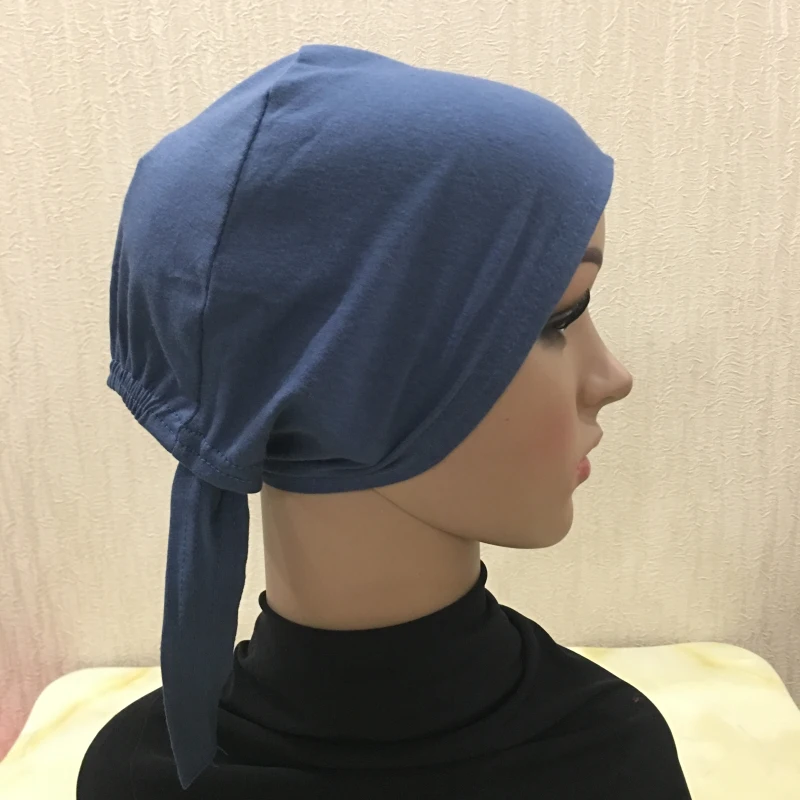H048 Plain Cotton Tie Back Hats Muslim Turban Pure Color Stretch Inner Hijabs Underscarf Women Head Scarf Under Hijab Bonnet