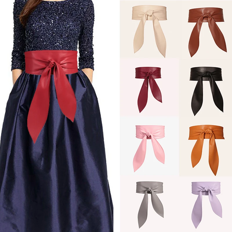 Women Elegant Bow Belt Long Black Soft Leather Wide Waistband Belts Bowknot Cummerbund Dress Clothing Accessories