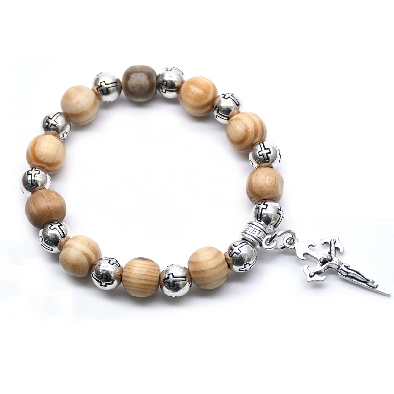 QIGO Virgin Christ Cross Bracelet Wood Plastic Beads Strand Bracelet For Men Women Religious Jewelry