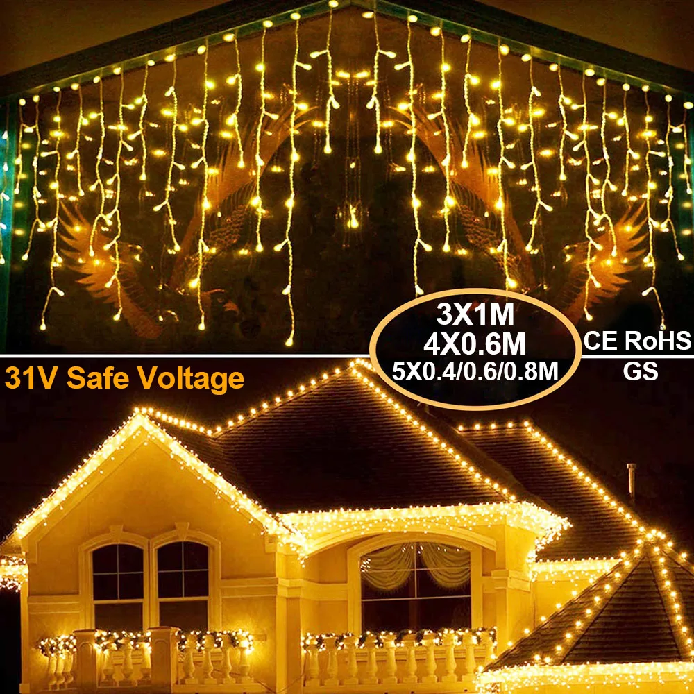 31V Curtain Icicle Led String Light Droop 3/4/5m Christmas Holiday Garlands Faiy Xmas Party Garden Stage Decorative Lights D30