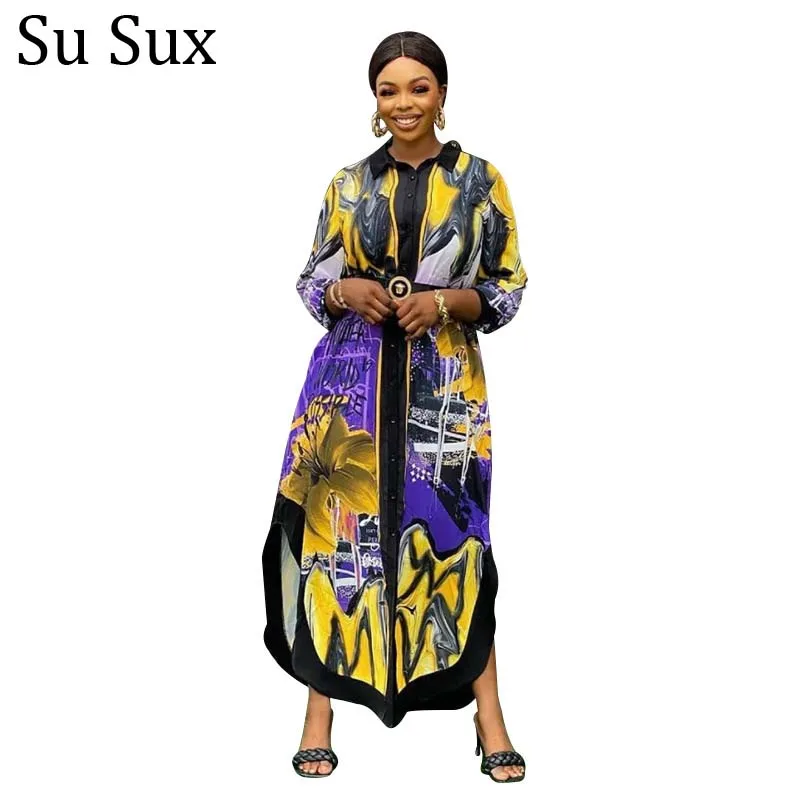 

Vintage Maxi Dress African Clothes For Women Robe Flower Print Africa Clothing Turn Down Collar Long Dress Vestidos Party 2021