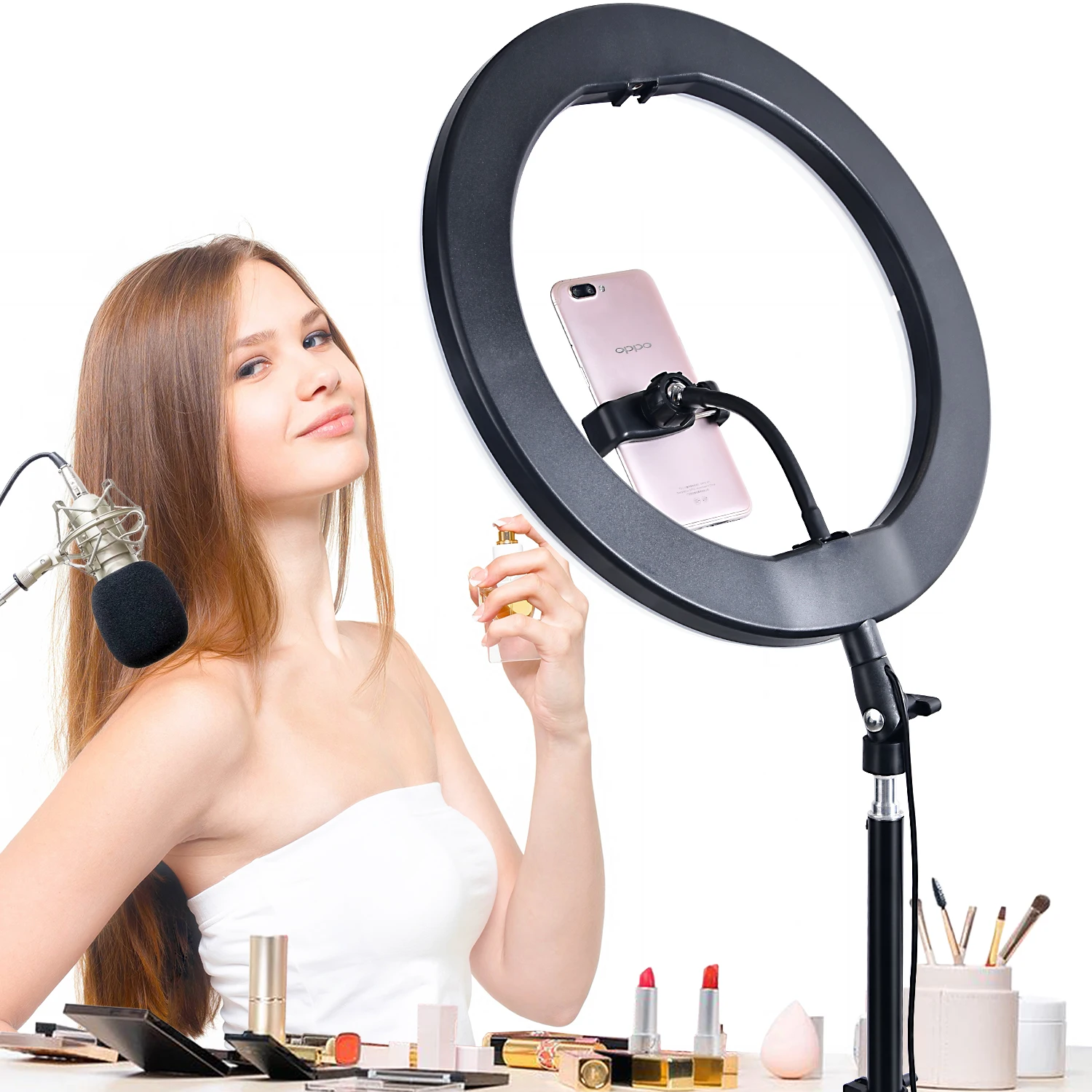 Fusitu-Anillo de luz LED con trípode, accesorio fotográfico de iluminación de 14 pulgadas con Clip para el teléfono móvil, perfecto para selfis y vídeos de Youtube