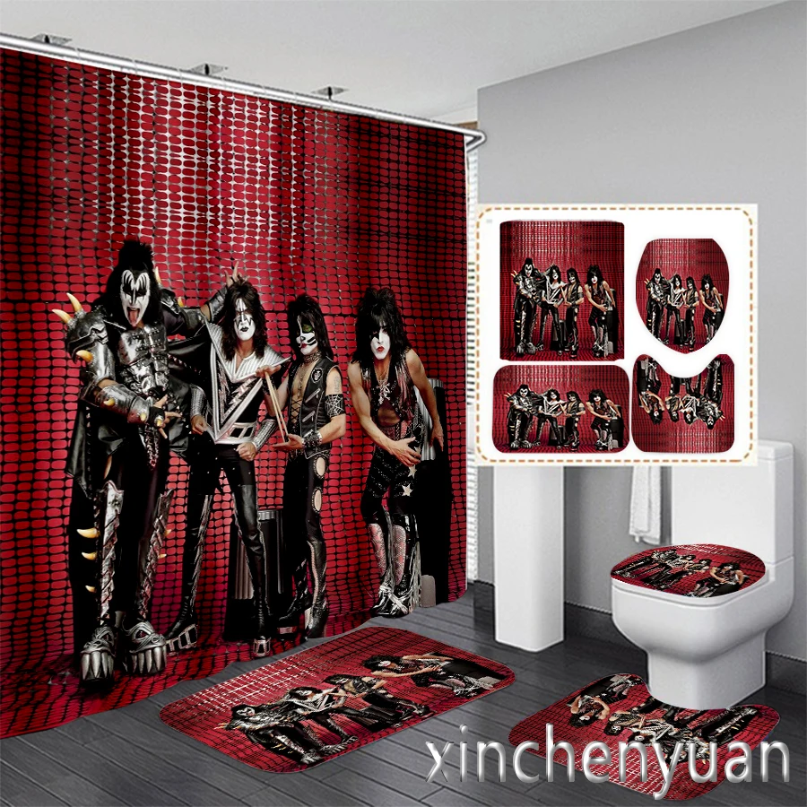 Kiss Band 3D Printing Waterproof Bathroom Shower Curtain Toilet Cover Mat Non-Slip Floor Mat Rug (1/3/4Pcs) W17