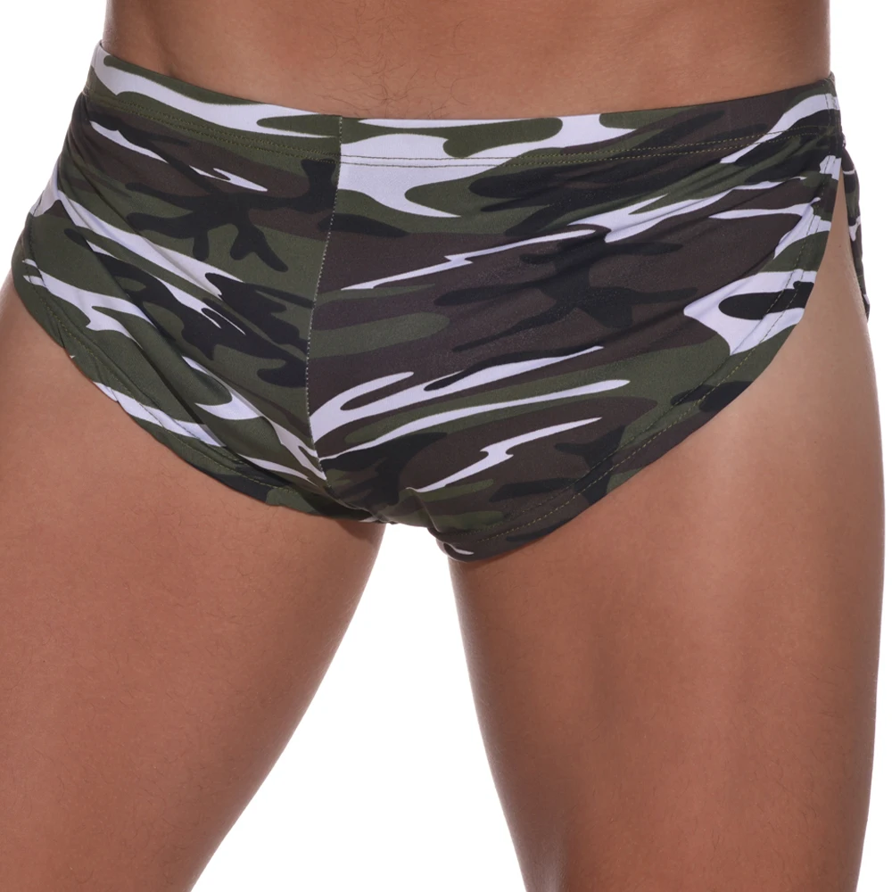 Ropa interior de camuflaje para hombre, pantalones cortos con abertura lateral, Sexy, transpirable, de tiro bajo, sin costuras, para verano