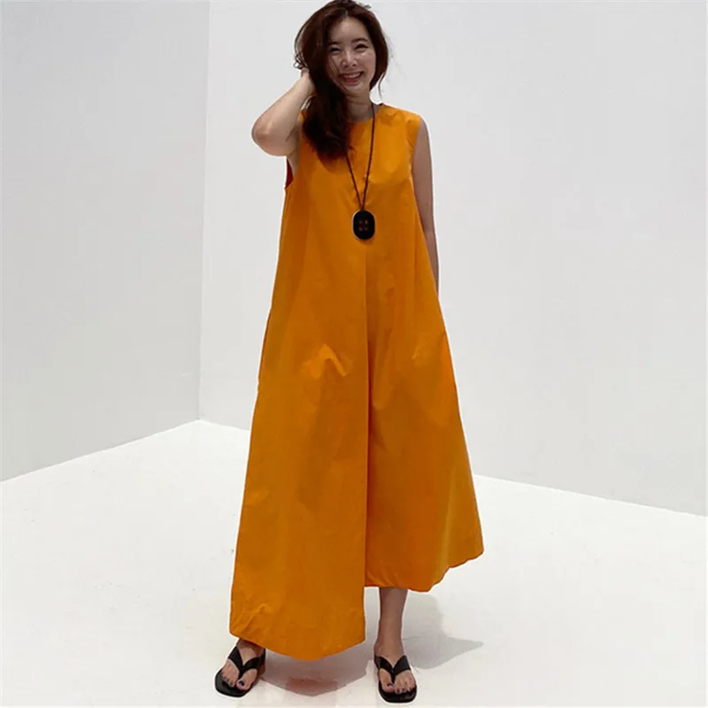 IHOBBY Bright Orange Irregular Long Dress Fashion Joker Sleeveless Spilt Back Lace Up Doll Loose Casual Dress