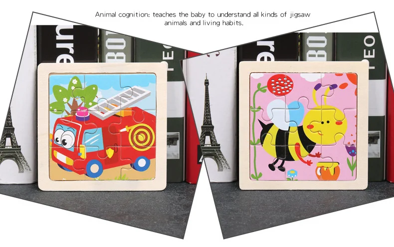 Holzspielzeug 11x11cm Puzzle 3D Puzzle Cartoon Tier Verkehr Holzpuzzle Spiel Montessori Lernspielzeug für Kinder – Detail 3