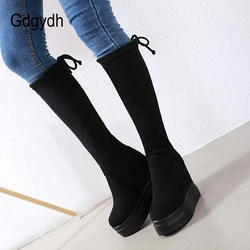 Gdgydh Winter Knee High Boots For Women Fashion Stretch Wedges Height Increasing Ladies Suede Lace Up Platform Boots Black Retro